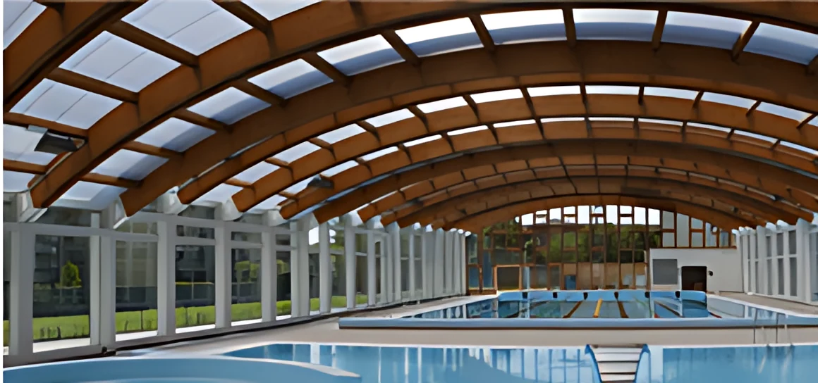 Anti-glare polycarbonate roof over a swimming pool