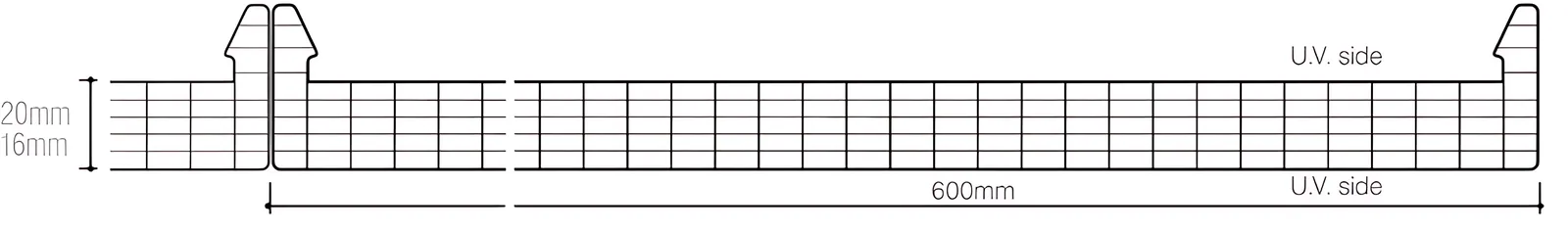 Cross-section profile of arcoPlus Reversò 6166 and 626 panels, 600 mm module